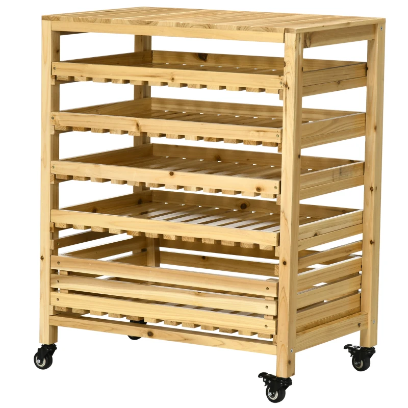 Outsunny Gemüsehorde mit 5 Regalen, Obstkiste, Gemüsekiste, wetterbeständig, 4 Rollen, 73 cm x 45 cm x 91 cm, Natur