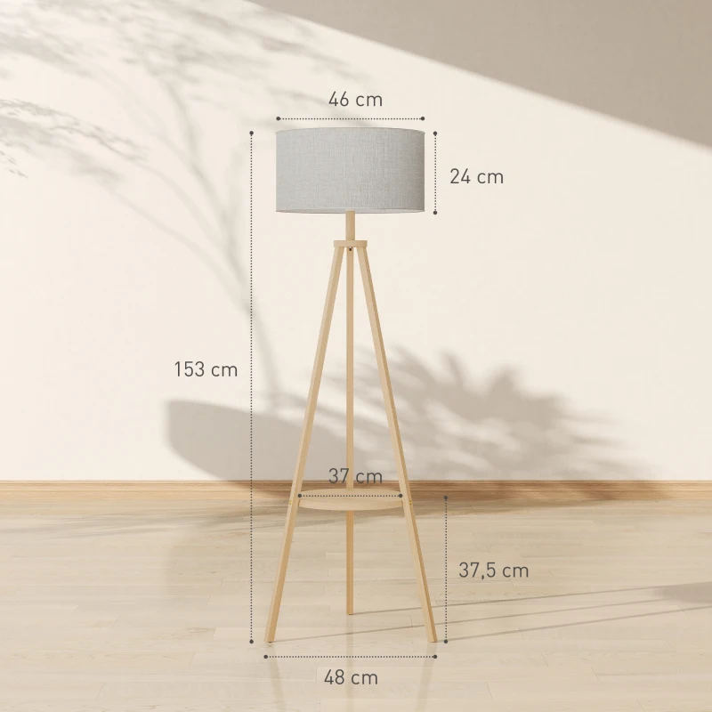 HOMCOM Lámpara de Pie Tipo Trípode con Estructura de Madera Natural y Pantalla de Tela Gris con Estante Integrado 48x48x153 cm