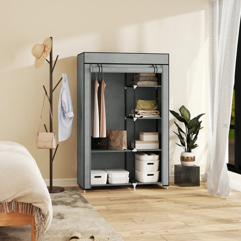 HOMCOM Roupeiro de Tecido Dobrável com 6 Prateleiras e 1 Barra de Pendurar para Dormitório Vestidor 103x43x162,5cm Cinza