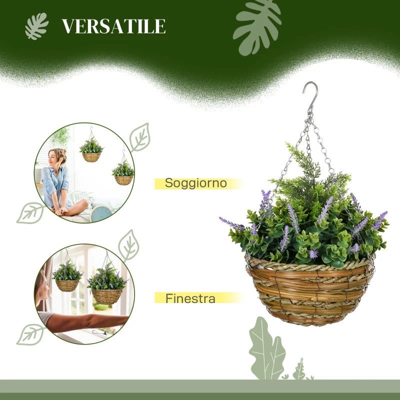 Outsunny Set 2 Piante Finte di Lavanda con Vaso e Gancio, in PE e Vimini, Ø25x34 cm, Verde e Viola