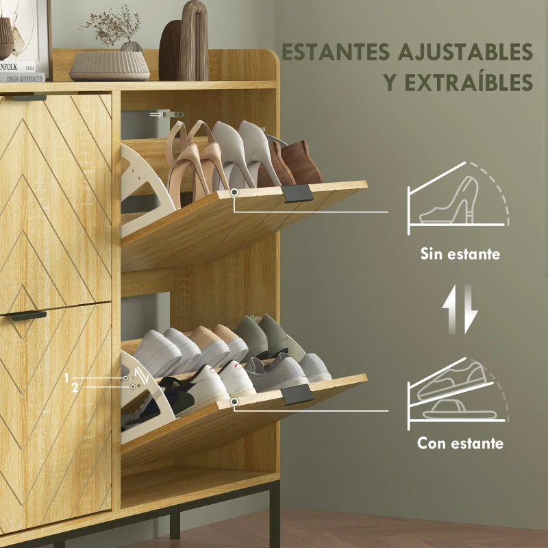 HOMCOM Zapatero Estrecho con 4 Cajones Abatibles y Superficie Elevada para 16 Pares de Zapatos para Espacios Reducidos Roble