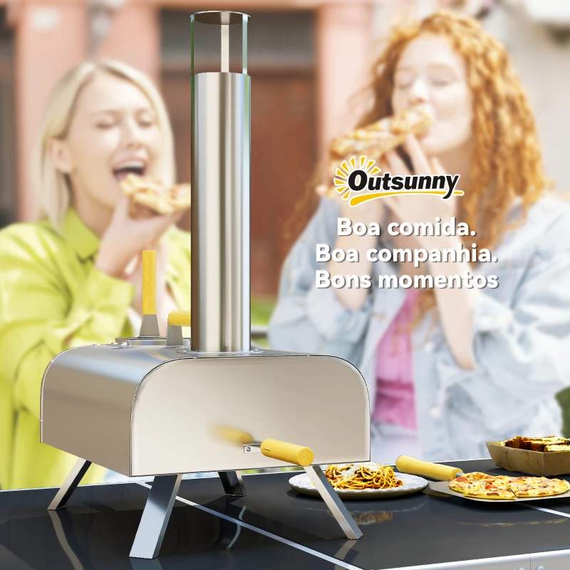 Outsunny Mini Forno a Lenha para Pizza com Pedra Refratária e Pá em Aço Inoxidável com Pés Dobráveis e Pegas 79x36x75 cm Prata