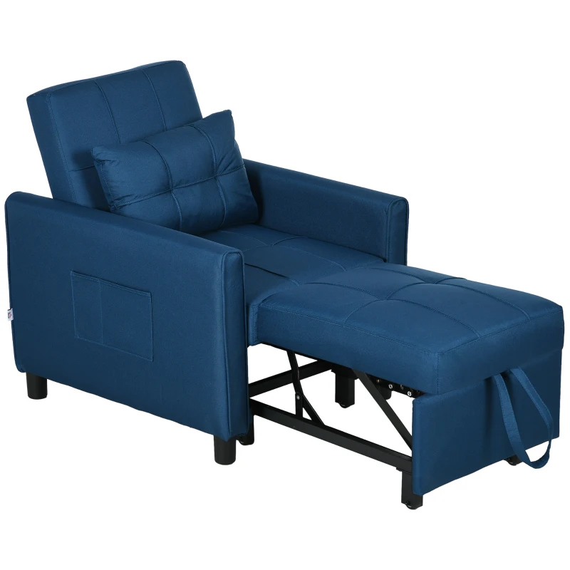 HOMCOM Fotoliu Pat Individual cu Spătar Reglabil pe 3 Nivele, 2 Roți și Pernă din Țesătură, 69x82x85 cm, Albastru(m-11)