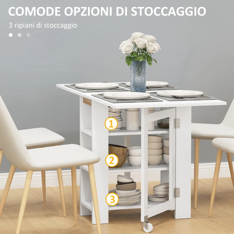 HOMCOM Tavolo Pieghevole Pranzo con 2 Ribalte e Ripiani Espandibile per 4 Persone, 120x60x75 cm, Bianco