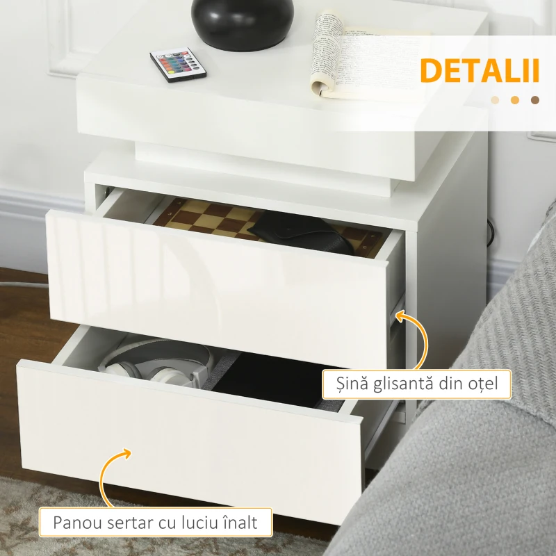 Noptiera alba HOMCOM cu lumina LED RGB, noptiera frontala lucioasa cu 2 sertare, pentru camera de zi, dormitor