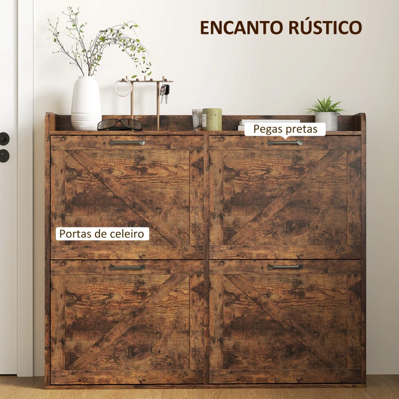 HOMCOM Sapateira de 4 Portas com Prateleiras Ajustáveis Estilo Industrial para 24 Pares de Sapatos 120x24x103 cm Castanho Rústico