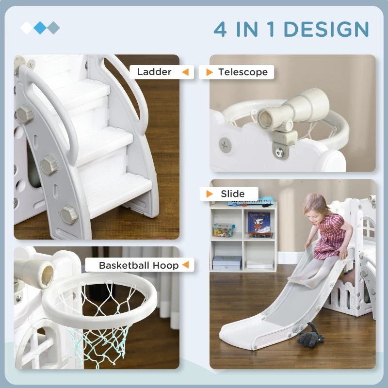 AIYAPLAY 5 in 1 Toddler Slide with Basketball Hoop, Climber, Telescope, Storage Basket, for Ages 1-3 Years, Grey