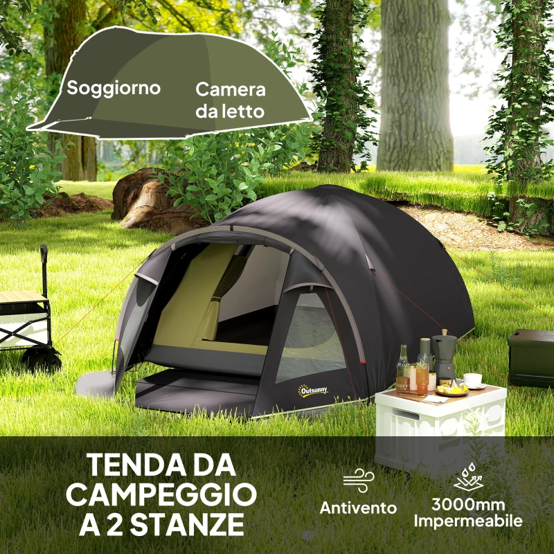 Outsunny Tenda a Tunnel per 2-4 Persone con Finestre Laterali e Gancio, in Poliestere 190T e PE, 3.3x1.9x1.2 m, Nero