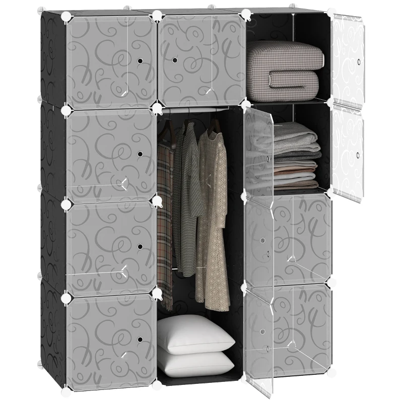 HOMCOM Portable Wardrobe for Bedroom, 12 Cube Closet with 2 Hanging Rails, Modular Storage Cabinet, Plastic Armoire for Space Saving, White and Black