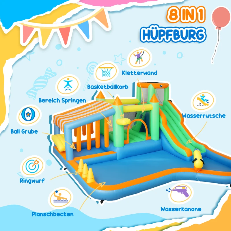AIYAPLAY Hüpfburg für Kinder, mit Wasserrutsche, Planschbecken, Kletterwand, für drinnen und draußen, 416 x 370 x 195 cm, Bunt