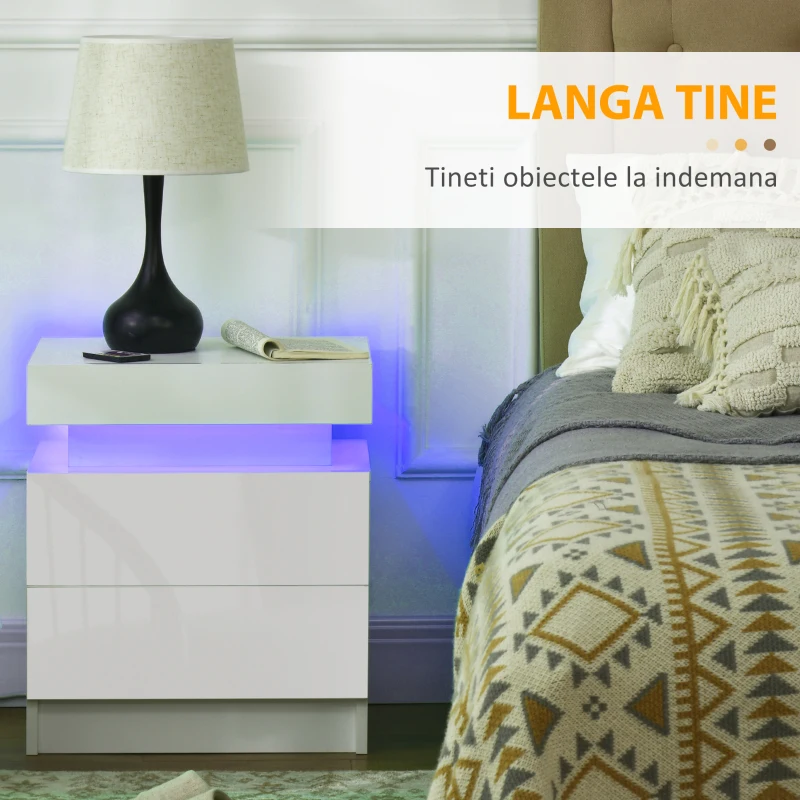Noptiera alba HOMCOM cu lumina LED RGB, noptiera frontala lucioasa cu 2 sertare, pentru camera de zi, dormitor