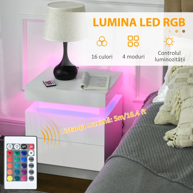 Noptiera alba HOMCOM cu lumina LED RGB, noptiera frontala lucioasa cu 2 sertare, pentru camera de zi, dormitor