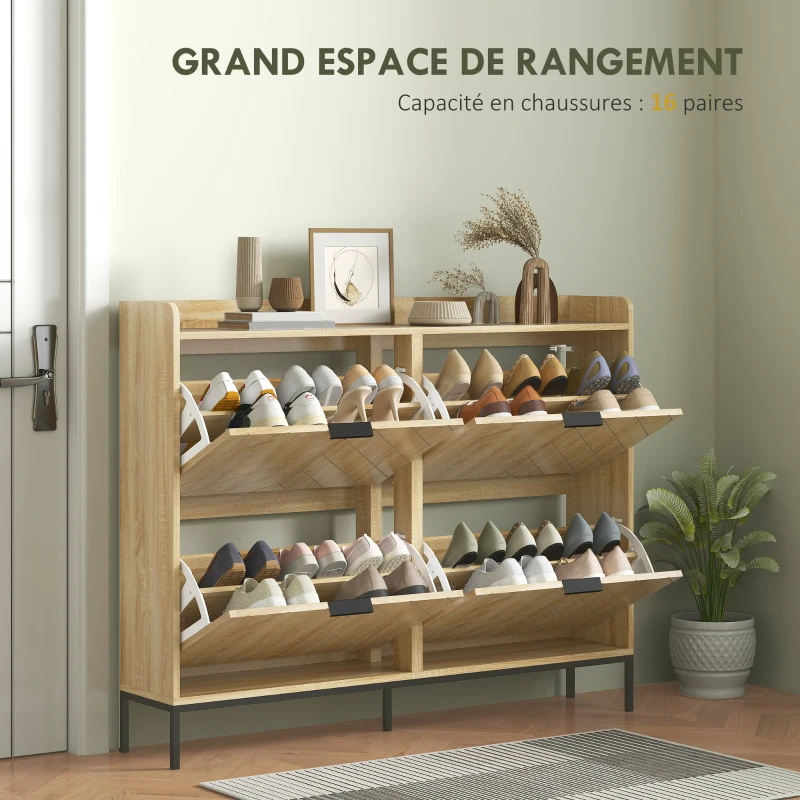 HOMCOM Meuble à chaussures 16 paires avec 4 tiroirs, portes rabattables, étagères réglables, 110 x 23,5 x 95,5 cm, chêne
