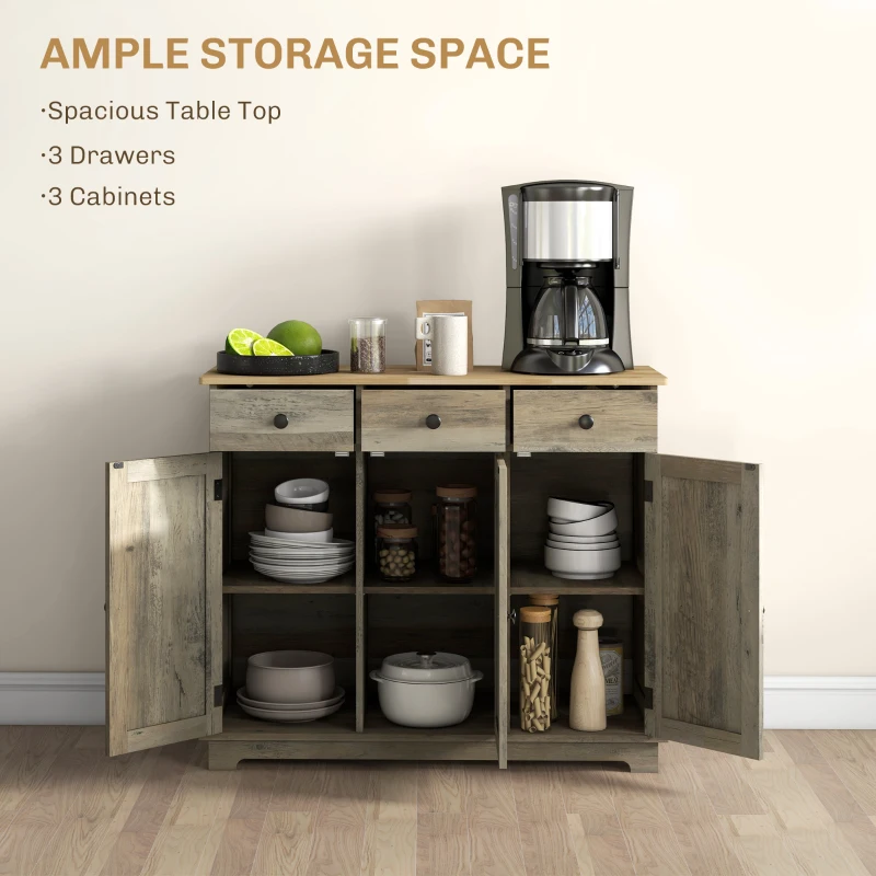 HOMCOM Sideboard with Rubber Wood Top, Modern Storage Cabinet, Kitchen Cupboard with 3 Doors, 3 Drawers and 3 Adjustable Shelves for Dining Room, Living Room, Grey Wood-Effect