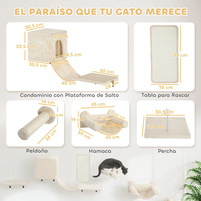 PawHut Juego de Escalada para Gatos de Pared de 6 Piezas con Condominio Plataforma Hamaca Escaleras y Tabla de Rascar Beige