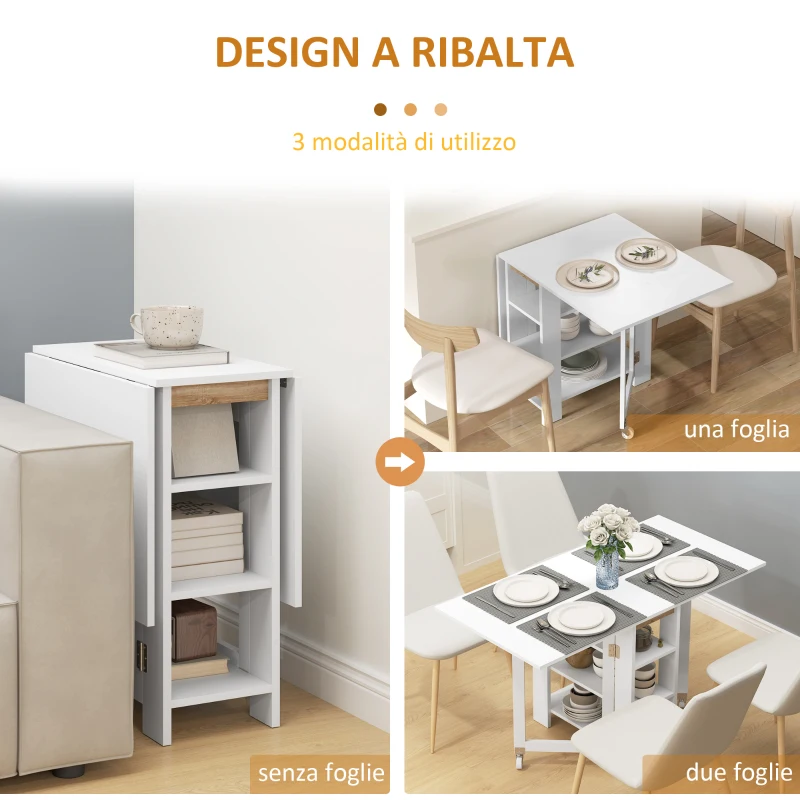 HOMCOM Tavolo Pieghevole Pranzo con 2 Ribalte e Ripiani Espandibile per 4 Persone, 120x60x75 cm, Bianco
