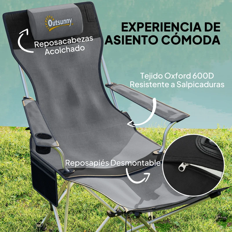 Outsunny Conjunto de 2 Sillas Plegables Camping con Reposapiés Desmontable Reposacabezas Portavasos y Bolsa 82x50/100x88 cm Gris