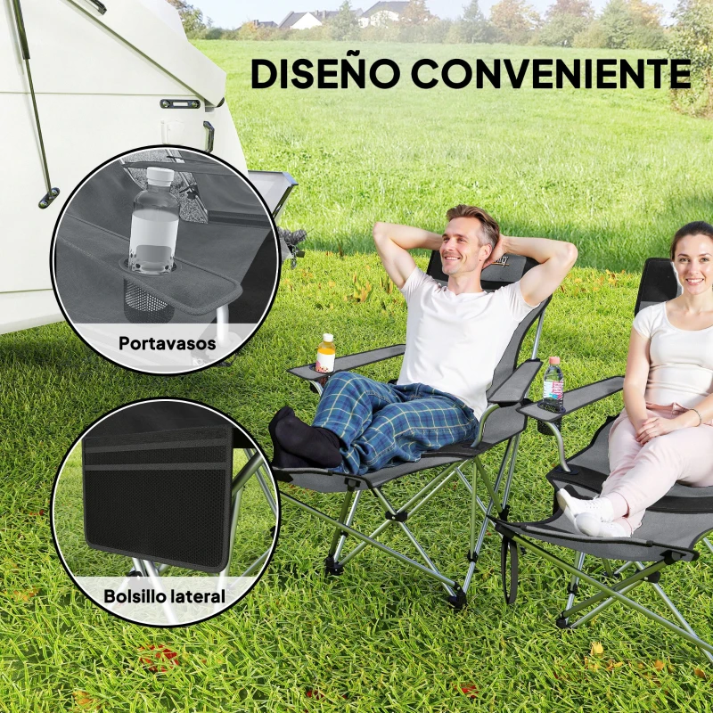 Outsunny Conjunto de 2 Sillas Plegables Camping con Reposapiés Desmontable Reposacabezas Portavasos y Bolsa 82x50/100x88 cm Gris