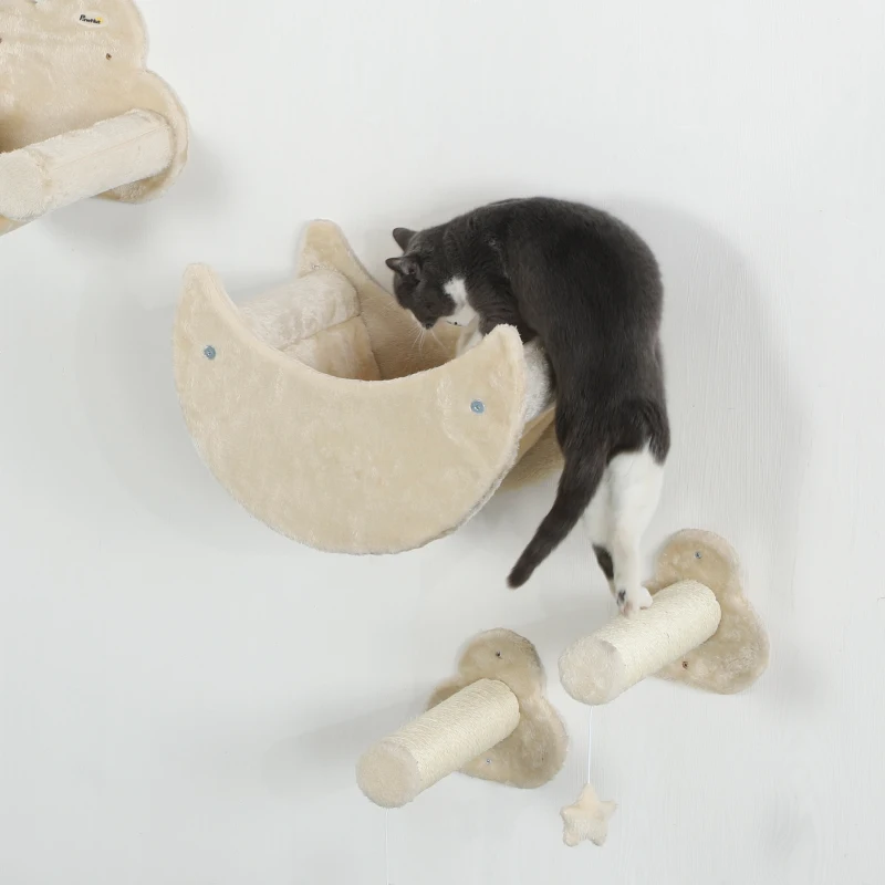PawHut Juego de Escalada para Gatos de Pared de 6 Piezas con Hamacas Plataformas Tabla Rascador Escaleras y Estrellas Beige