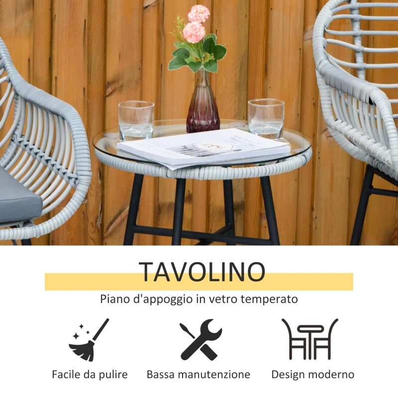 Outsunny Set Mobili da Giardino in Rattan PE con 2 Sedie e Tavolino con Ripiano in Vetro, Grigio