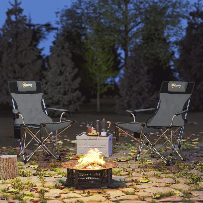 Outsunny Conjunto de 2 Sillas Plegables Camping con Reposapiés Desmontable Reposacabezas Portavasos y Bolsa 82x50/100x88 cm Gris