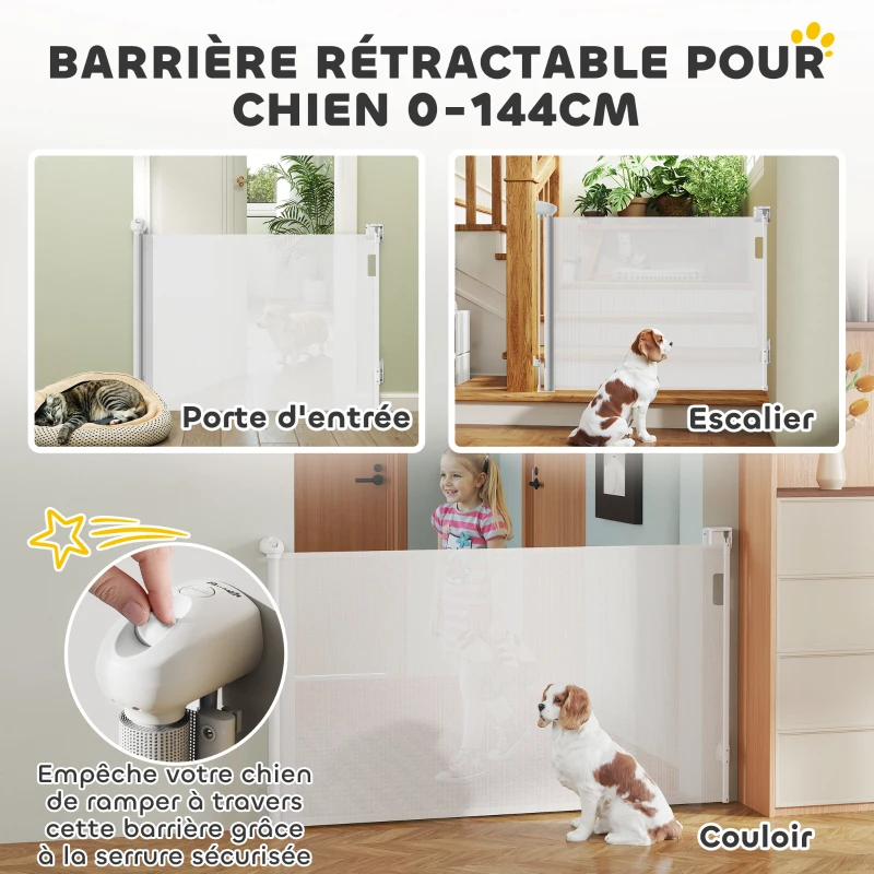 PawHut Barrière rétractable pour chien de 0 à149 cm verrouillage automatique - blanc