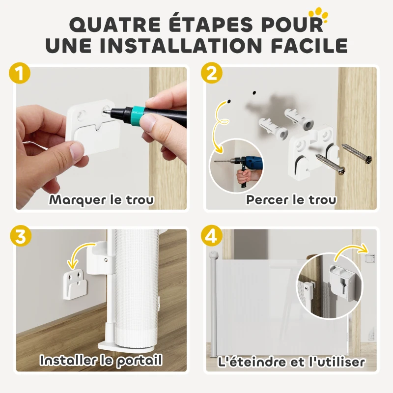 PawHut Barrière rétractable pour chien de 0 à149 cm verrouillage automatique - blanc