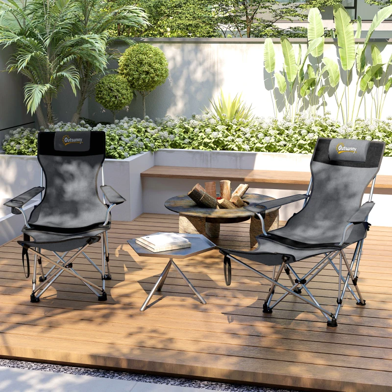 Outsunny Conjunto de 2 Sillas Plegables Camping con Reposapiés Desmontable Reposacabezas Portavasos y Bolsa 82x50/100x88 cm Gris