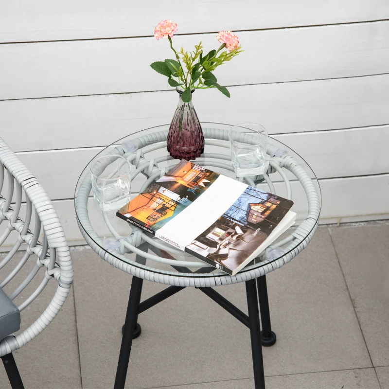 Outsunny Set Mobili da Giardino in Rattan PE con 2 Sedie e Tavolino con Ripiano in Vetro, Grigio