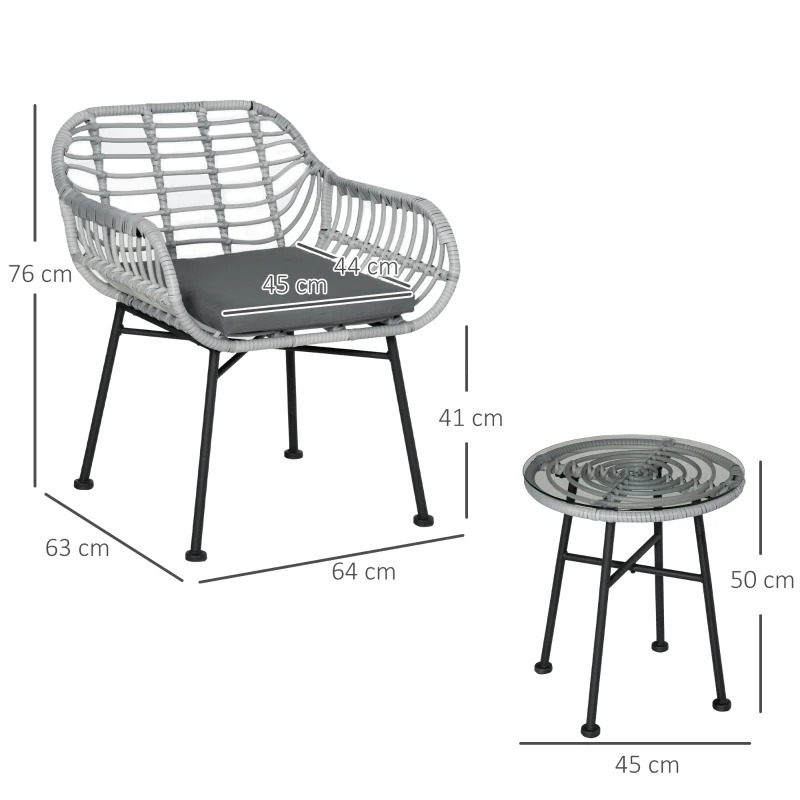 Outsunny Set Mobili da Giardino in Rattan PE con 2 Sedie e Tavolino con Ripiano in Vetro, Grigio