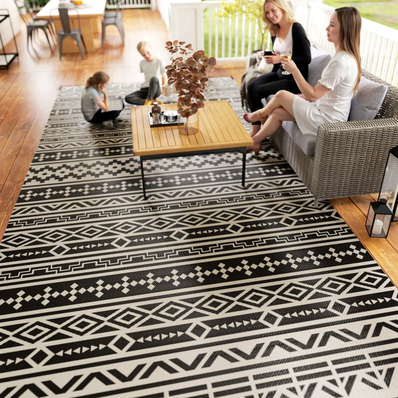 Outsunny Outdoor Teppich robuster Wetterfest Outdoorteppich, Carpet mit Boho-Style, Outdoor-Teppich für Wohnzimmer Balkon