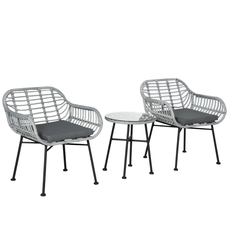Outsunny Set Mobili da Giardino in Rattan PE con 2 Sedie e Tavolino con Ripiano in Vetro, Grigio