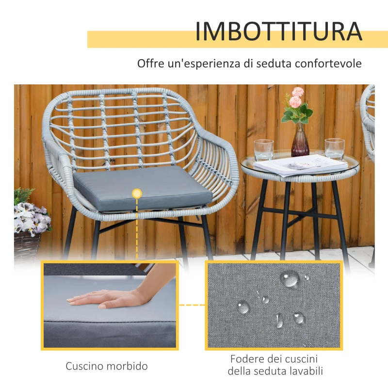 Outsunny Set Mobili da Giardino in Rattan PE con 2 Sedie e Tavolino con Ripiano in Vetro, Grigio
