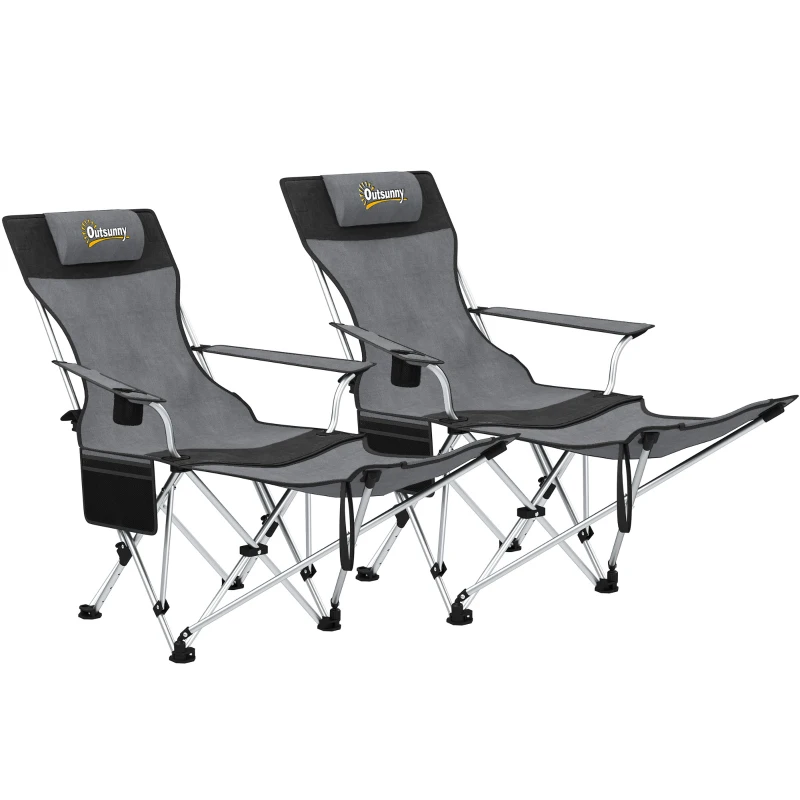 Outsunny Conjunto de 2 Sillas Plegables Camping con Reposapiés Desmontable Reposacabezas Portavasos y Bolsa 82x50/100x88 cm Gris
