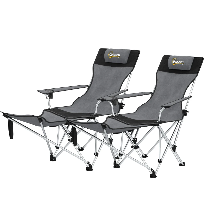 Outsunny Conjunto de 2 Sillas Plegables Camping con Reposapiés Desmontable Reposacabezas Portavasos y Bolsa 82x50/100x88 cm Gris