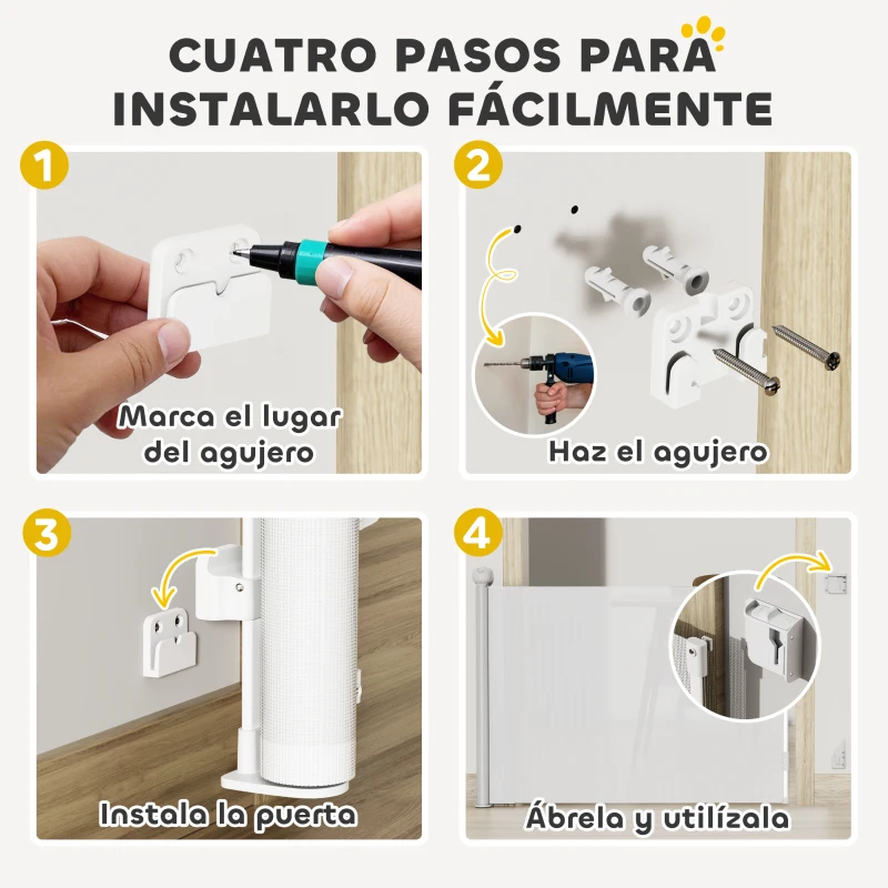 PawHut Barrera para Perros Retráctil 0-140 cm Barrera de Seguridad con Interruptor de Cierr para Puertas y Escaleras Blanco