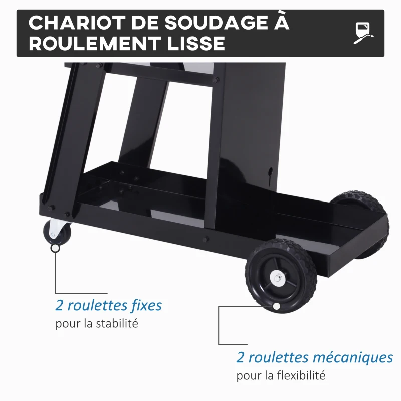 DURHAND Chariot de soudage mobile à 3 niveaux avec 4 roues, porte-bouteille de gaz et chaînes de sécurité, charge 50 KG, noir
