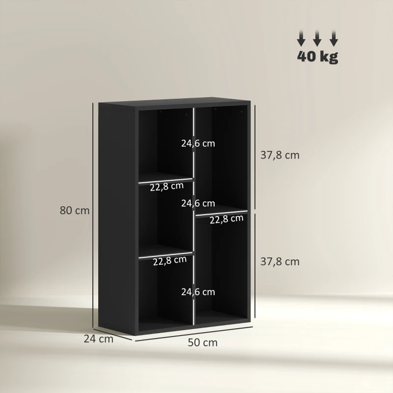 HOMCOM Bibliothèque étagère de rangement 2 niveaux avec 5 compartiments, pour salon chambre à coucher bureau, 50x24x80cm, noir