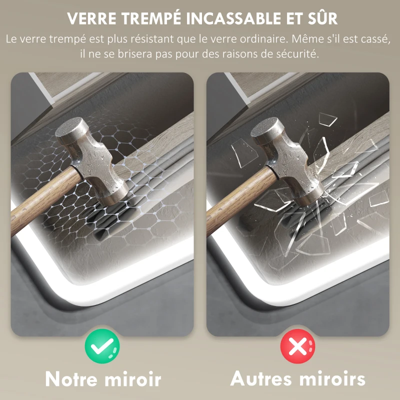 HOMCOM Miroir salle de bain LED bluetooth 50 x 70 cm interrupteur tactile lumière réglable 3 couleurs anti-buée mémoire argent