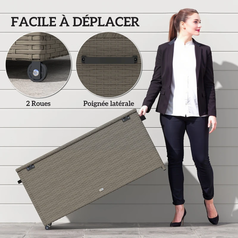 Outsunny Coffre de jardin en résine tressée coffre de rangement extérieur 184 L vérins à gaz, résistant aux UV 102x52x52cm gris