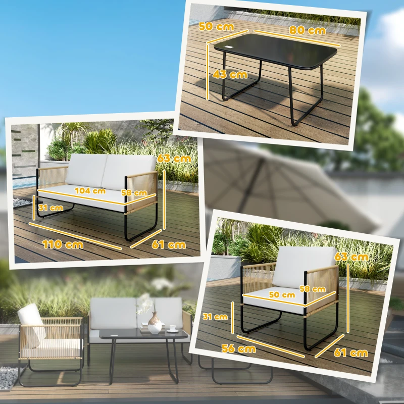 Outsunny Set Mobilier de Grădină din 4 Piese cu Canapea, 2 Fotolii și Măsuță, 110x61x63 cm, Alb Crem