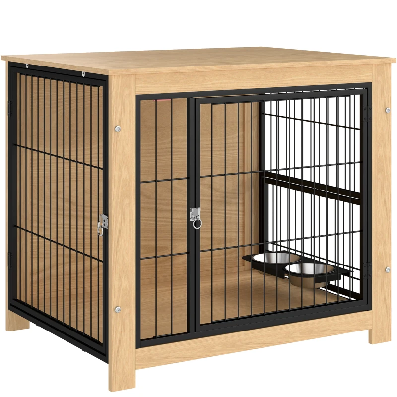 PawHut Gaiola para Cães Mesa Auxiliar Moderna com 2 Portas Suporte Giratório com 2 Tigelas para Cães Médios 80x60x68 cm Carvalho