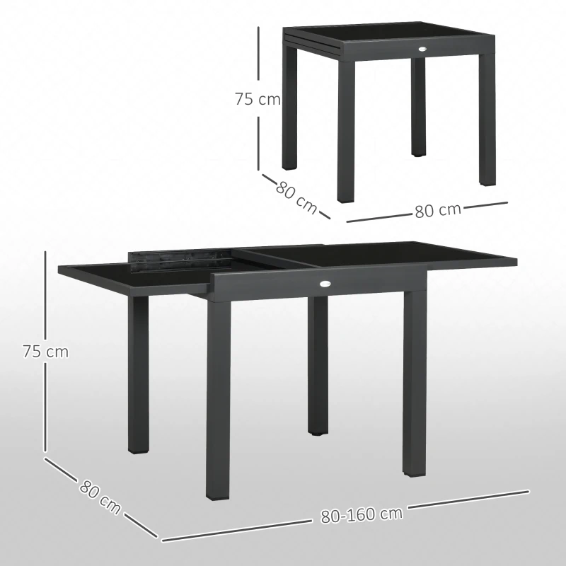 Outsunny Mesa de Jardín Extensible de Aluminio Mesa Rectangular con Encimera de Vidrio Templado para Terraza 80-160x80x75cm Negro