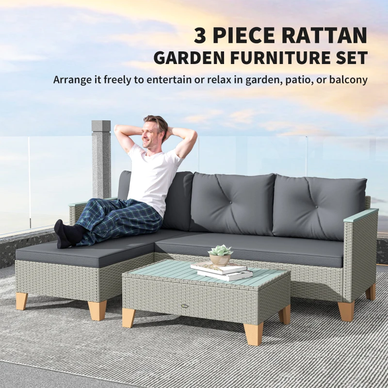 Outsunny 3 Pieces Rattan Garden Furniture Set, L Shaped Garden Conversation Chaise Lounge Furniture with Wood Top Coffee Table and Thick Cushions, Charcoal Grey