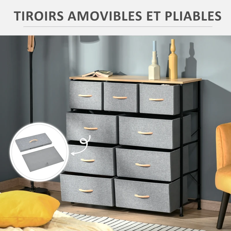 HOMCOM Commode 9 tiroirs meuble de rangement tiroir en tissu pliant - structure acier noir - 100 x 30 x 100 cm, chêne et gris
