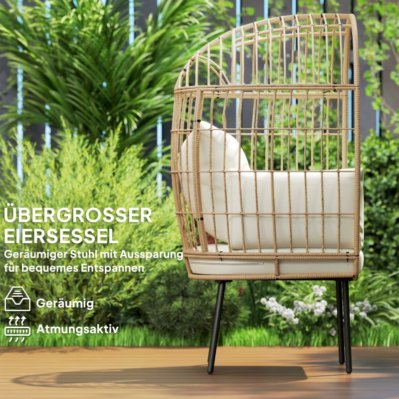 Outsunny Rattansessel Ei-Förmig mit abnehmbarem Kissen, Polster, Outdoor Sessel aus Rattan 95 x 80 x 155 cm Beige(m-4)