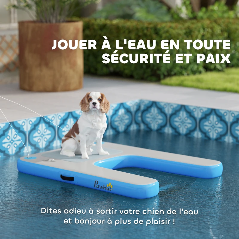 PawHut Rampe gonflable de radeau pour chien, plate-forme flottante de sports nautiques 120 x 90 x 10 cm bleu et gris