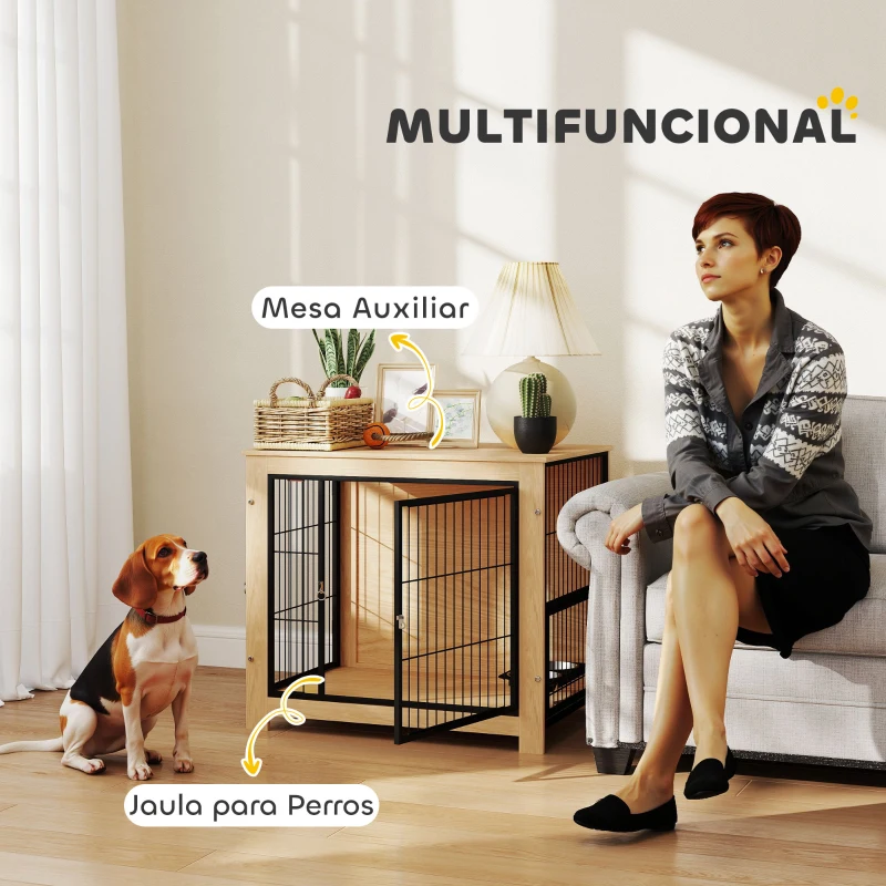PawHut Jaula para Perros Mesa Auxiliar Moderna con 2 Puertas Soporte Giratorio con 2 Tazones 80x60x68 cm Roble