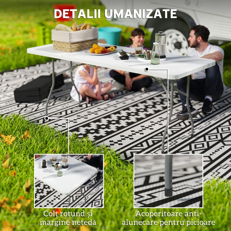 Outsunny Masă de Camping Pliabilă cu Mâner, Cadru Metalic și Blat din Plastic, 180x74x74 cm, Alb