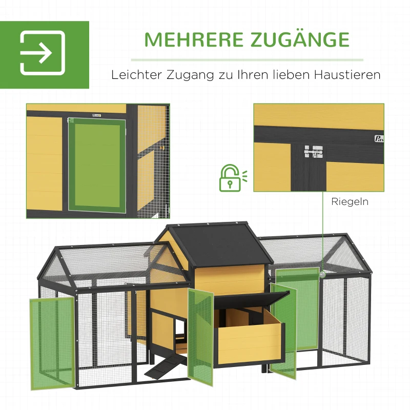 PawHut Hühnerstall Kleintierstall 2 Außengehege, 1 Nistkasten, 2 Rampen,Asphaltdach, wetterbeständig, Gelb(m-5)